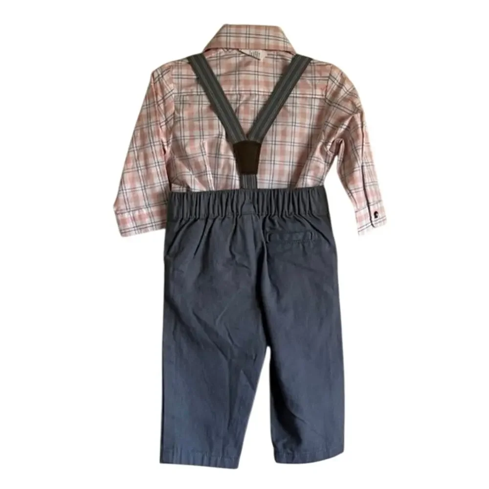 Carters Baby Boy‎ 3M Outfit Plaid Shirt Gray Suspenders Pants Set NWT